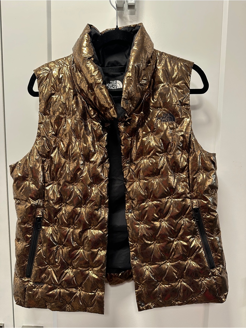 The North Face Metallic Bronze Quilted Vest with Stand Collar